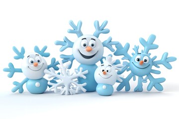 A playful winter wonderland illustration with cartoon snowmen, reindeer, and penguins, perfect for Christmas cards or children's books