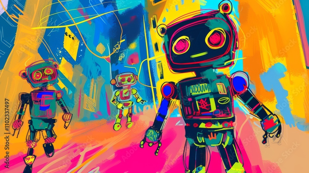 Poster playful robots wander through a colorful urban environment, symbolizing technological evolution and 