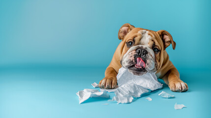 english bulldog chewing papers homework blue background