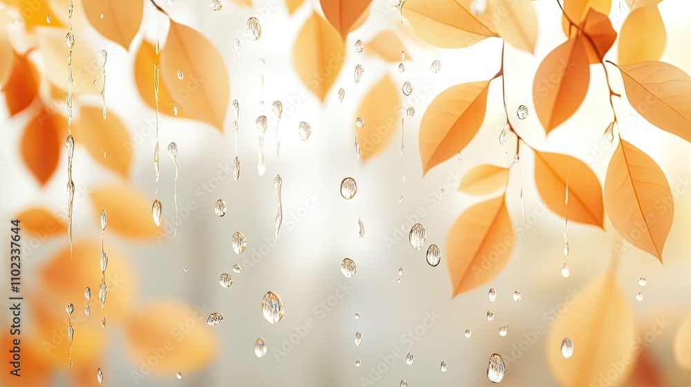 Poster captivating autumn leaves with delicate water droplets glimmering in soft light, creating a serene a