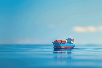 Blue toy cargo ship sailing on calm seas. Ocean freight logistics concept.