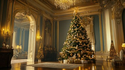 Fototapeta premium Large artificial tree in a grand room, decorated with gold and silver ornaments