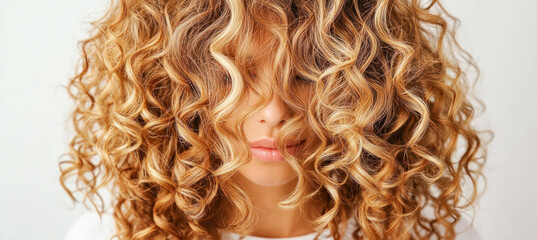 Blonde model showing long and voluminous curly hair