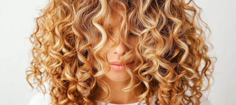 Blonde model showing long and voluminous curly hair