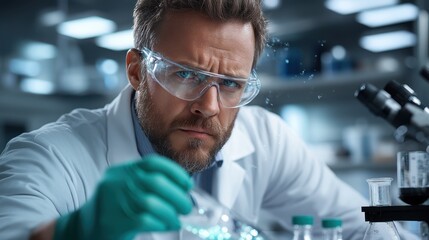 A male researcher wearing safety goggles and gloves conducts a liquid experiment in a laboratory, reflecting scientific innovation and meticulous research.