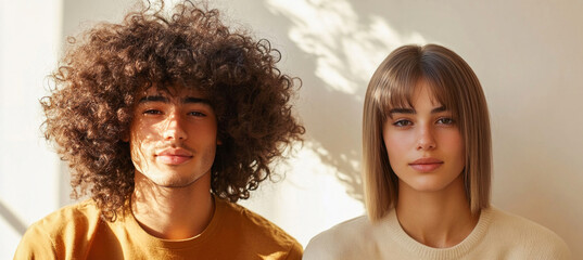 Young man and woman with contrasting hairstyles posing together