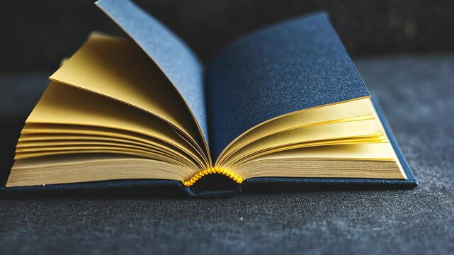 Open book with golden pages resting on a dark surface in a quiet room