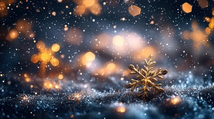 Obraz premium A single golden snowflake sits on a bed of snow with a bokeh of warm lights in the background.