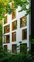 Fototapeta premium Apartment Building In A Green Forest: White Exterior With Natural Wood Elements And Large Windows, Captured From An Outdoor Perspective For A Beautiful Natural Scene