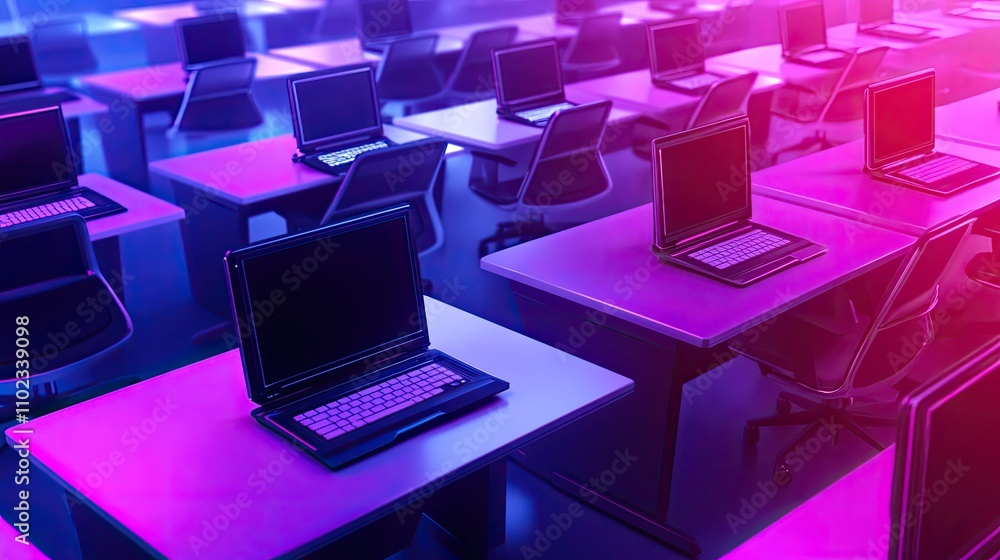 Poster futuristic office workspace with multiple laptops on sleek desks surrounded by a vibrant neon glow, 