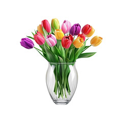 Modern Glass Vase with Colorful Tulips Isolated on Transparent Background