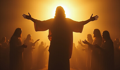 silhouetted figure jesus appears artworks depicting christ outstretched arms