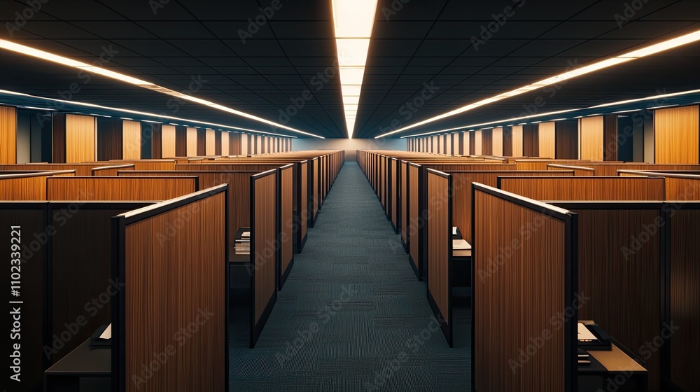 Poster empty modern office space with long rows of wooden cubicles under bright lights creating a spacious 