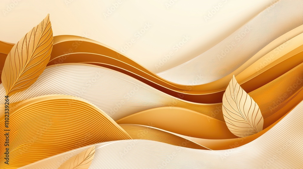 Poster elegant abstract background with flowing wavy lines and delicate leaves in warm golden tones for cre