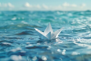 Origami paper boat floating in a sea