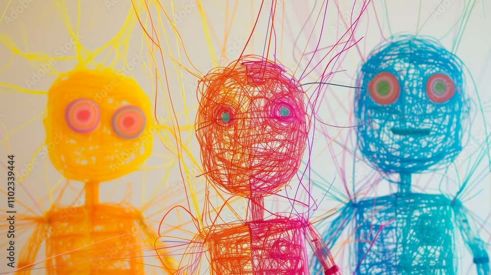 Poster illustration of colorful, wireframe robots created with tangled strings, capturing the blend of art,