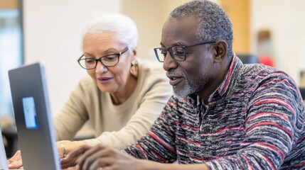 Senior couple learning computer skills together in library