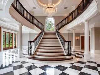 Elegant Interior Foyer Featuring Classic Checkerboard Marble Flooring and Grand Staircase Accentuated by a Stunning Chandelier and Architectural Details