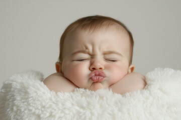 A baby making a pouty face, their lips adorably puckered, sitting on a fluffy white cushion