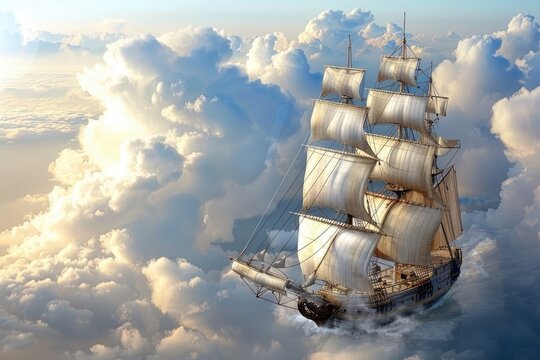 sailing ship on background of clouds