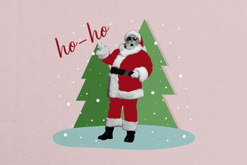 Creative art collage of happy old man santa claus point ho-ho celebration new year tree snowfall...