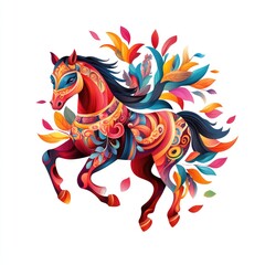 Naklejka premium Vibrant Abstract Horse in a Colorful Artistic Style Surrounded by Leaves and Floral Elements, Capturing Movement and Beauty in Modern Art