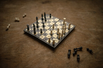 A chessboard on a wooden table.Road chess made of plastic. An intellectual game.