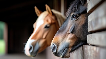 Obraz premium A side angle shot of two horses, one dark and one light, looking outward from the wooden stable, focusing on their alert eyes and expressive heads.