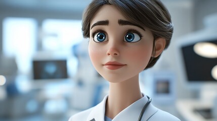 Naklejka premium 3D cartoon animation, nurse standing, wearing nurse uniform, neutral background,