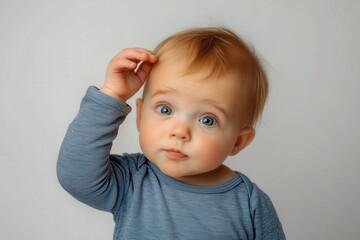 A baby raising one eyebrow as if questioning something, their expression hilariously skeptical, on pale  background