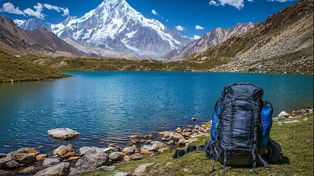 a bag pack set on a mountain ridge and lake Saif ul Maloo is visibal in the background some of the traveling equipment is set with the bagpack