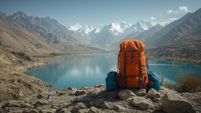 a bag pack set on a mountain ridge and lake Saif ul Maloo is visibal in the background some of the traveling equipment is set with the bagpack