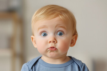 A baby raising one eyebrow as if questioning something, their expression hilariously skeptical, on pale  background