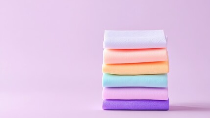 Soft and Colorful Stacked Fabrics on a Light Purple Background Perfect for Spring, Craft Projects, Displays, or Textile Design Inspiration