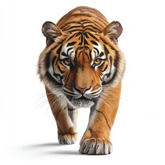 Fototapeta premium Majestic Tiger Approaching with Intense Gaze and Striking Fur Patterns, Capturing the Essence of Wild Strength and Beauty in Nature's Vibrant Palette