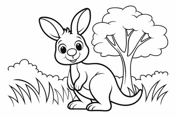 cute Kangaroo, some grass and a tree, coloring book