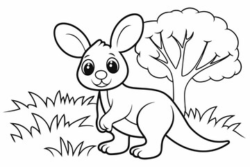 cute Kangaroo, some grass and a tree, coloring book