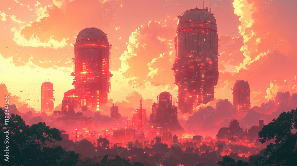 Poster glowing futuristic cityscape at sunset with towering structures and dramatic clouds in a vibrant sky