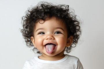 Naklejka premium A baby sticking their tongue out, dressed in a soft white onesie with a playful expression