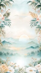 Obraz premium Serene tropical landscape with lush greenery and soft pastels at sunrise