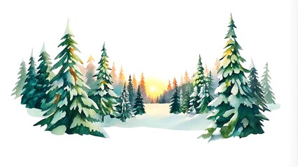 Fototapeta premium Serene winter wonderland: snow-covered pines at sunset in a tranquil forest