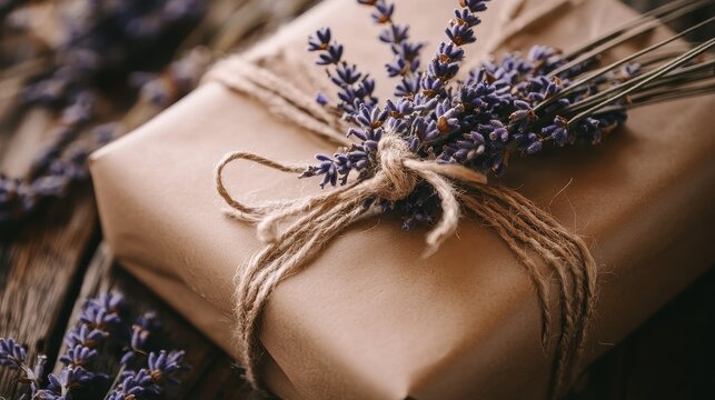 Lavender Wrapped Gift Box in Rustic Setting