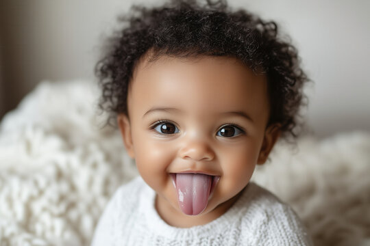 A baby sticking their tongue out, dressed in a soft white onesie with a playful expression