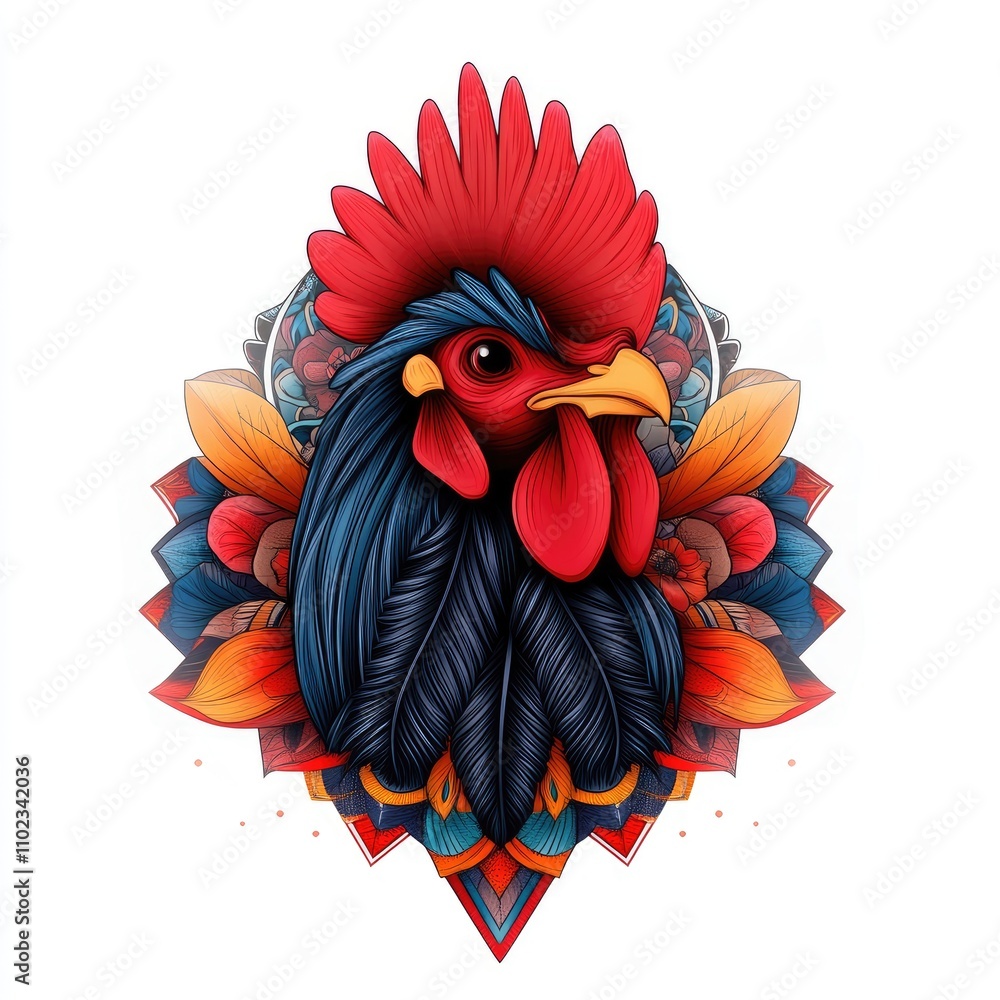 Poster vibrant and colorful illustration of a rooster surrounded by decorative floral elements and intricat