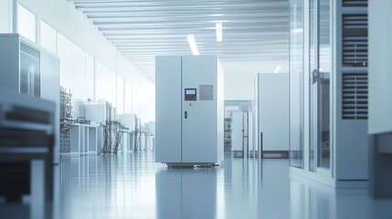 Cutting-edge hydrogen fuel cell generator prototype in a modern industrial lab: Emphasizing innovation and engineering details under clean white light. Ground-level perspective.