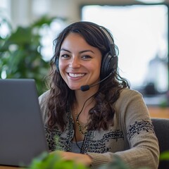 Portrait of Latin American business woman, office worker looking at camera and smiling, using headset and laptop for remote online communication, customer support tech call center worker.