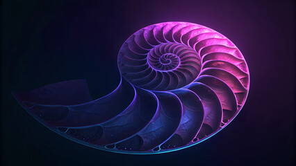 Neon leuchtende Nautilus-Spirale vor dunklem Hintergrund. 