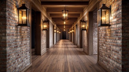 Rustic Hallway with Exposed Brick Walls and Wooden Beams, Illuminated by Lanterns Creating a Warm and Inviting Atmosphere for Interior Designs