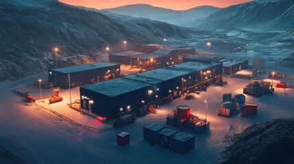 Aerial View of Ultra-Detailed Container-Based Generator System at Remote Arctic Site: Rugged Terrain and Precision Engineering in Early Morning Light.