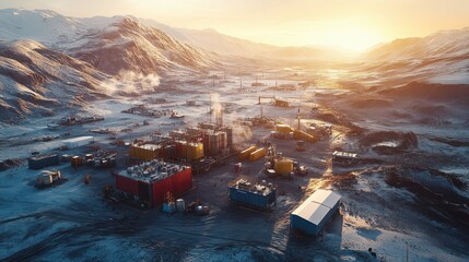 Aerial View of Ultra-Detailed Container-Based Generator System at Remote Arctic Site: Rugged Terrain and Precision Engineering in Early Morning Light.